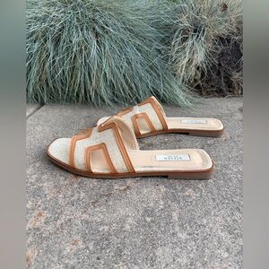 Steven By Steve Madden Hunnie Contrast Trim Flat Sandals Cognac slip on leather